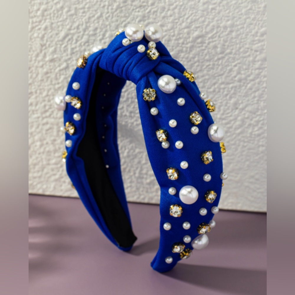 Blue gold stud pearl bead Royal blue knotted fashion headband